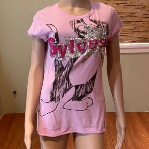 Zara Embellished  Graphic T-shirt Mauve With Sequins And Beads Size L